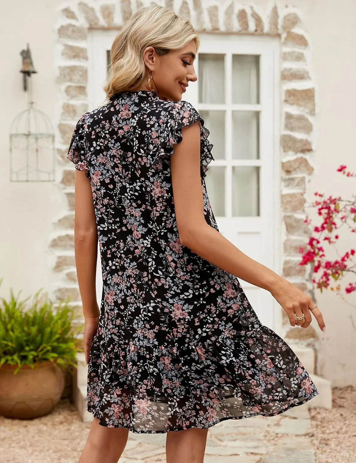 KOJOOIN Women's Babydoll Mini Dress Summer V Neck Flutter Sleeve Boho Floral Flowy Shift Short Dress