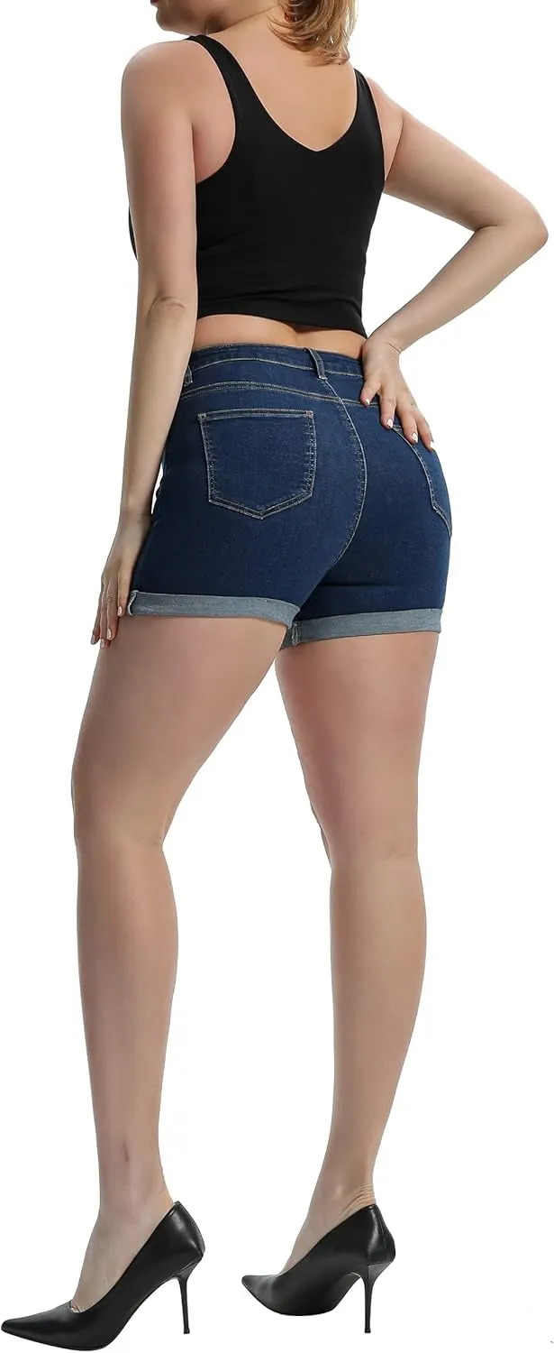Laeyzuo Women's High Waisted Stretch Jean Shorts Foldead Hem Fashion Denim Shorts