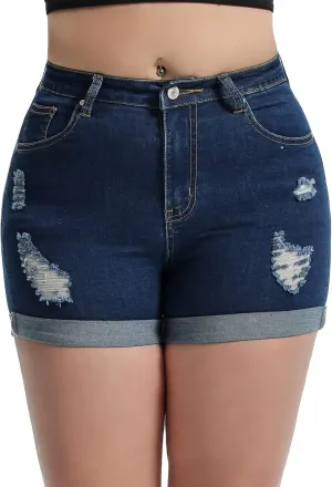 Laeyzuo Women's High Waisted Stretch Jean Shorts Foldead Hem Fashion Denim Shorts