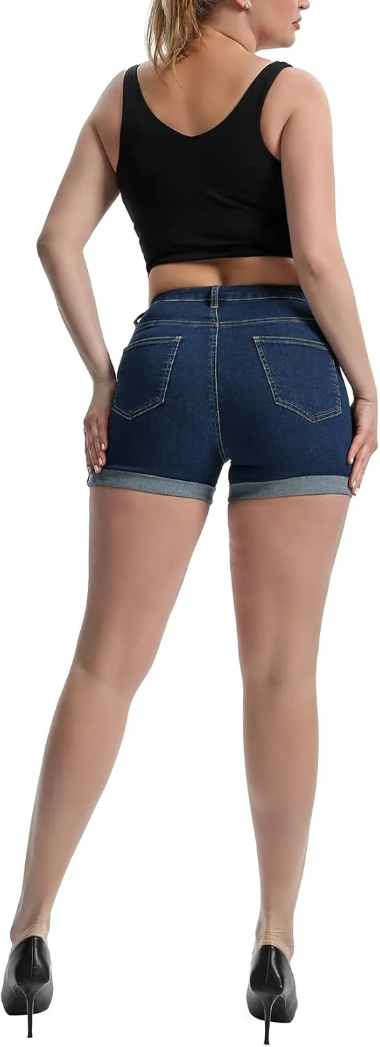 Laeyzuo Women's High Waisted Stretch Jean Shorts Foldead Hem Fashion Denim Shorts