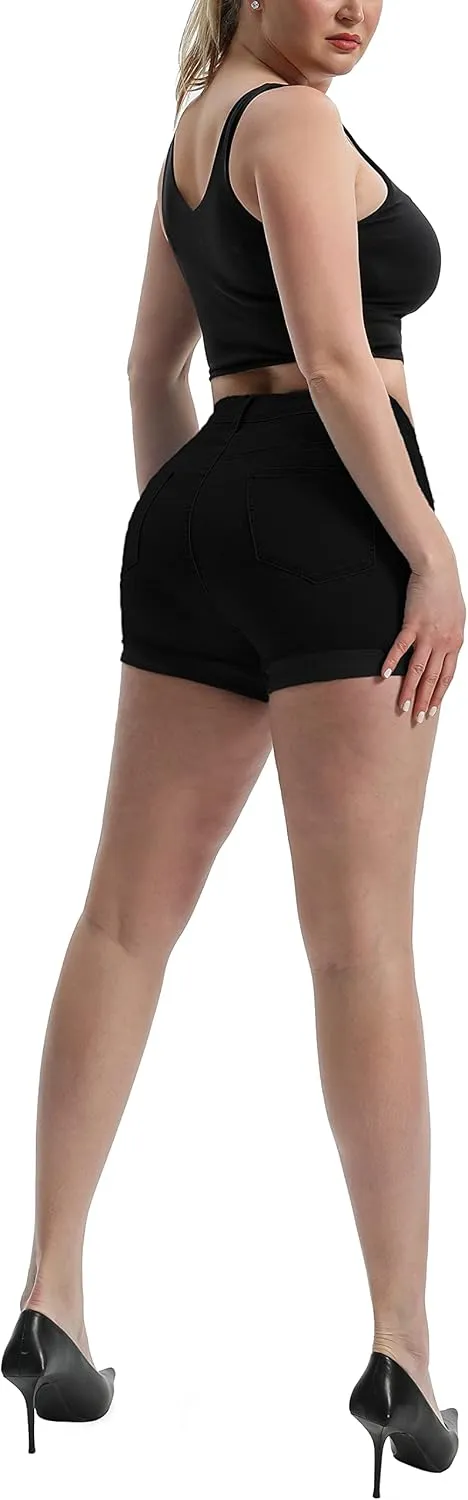 Laeyzuo Women's High Waisted Stretch Jean Shorts Foldead Hem Fashion Denim Shorts