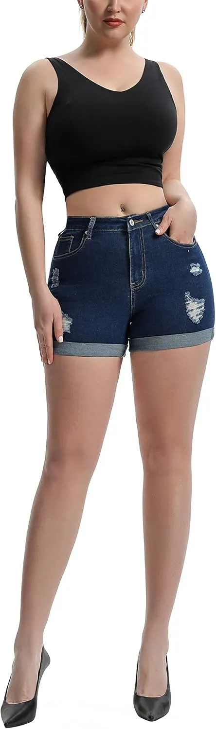 Laeyzuo Women's High Waisted Stretch Jean Shorts Foldead Hem Fashion Denim Shorts