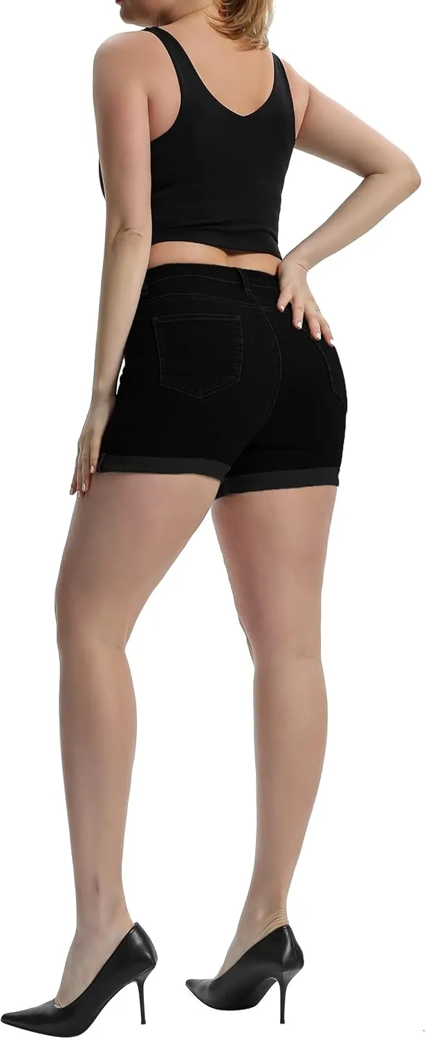 Laeyzuo Women's High Waisted Stretch Jean Shorts Foldead Hem Fashion Denim Shorts