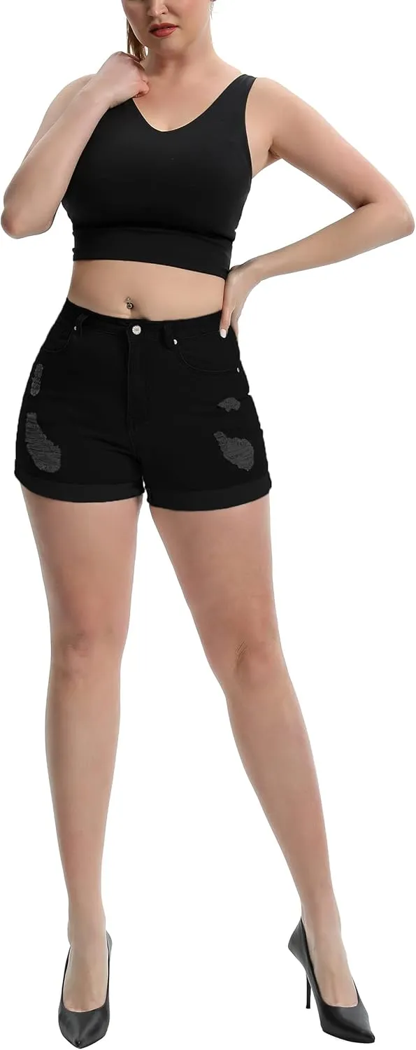 Laeyzuo Women's High Waisted Stretch Jean Shorts Foldead Hem Fashion Denim Shorts