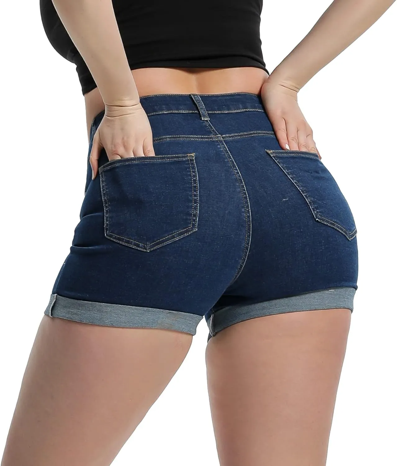 Laeyzuo Women's High Waisted Stretch Jean Shorts Foldead Hem Fashion Denim Shorts