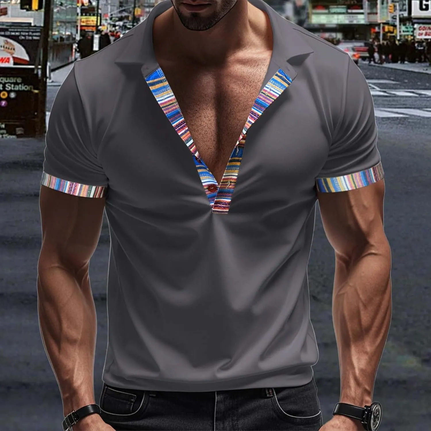 Lapel Collared Muscle Polo Shirts Men Slim Fit Textured Knit Polo Shirts Short Sleeve Button Down Shirts Casual