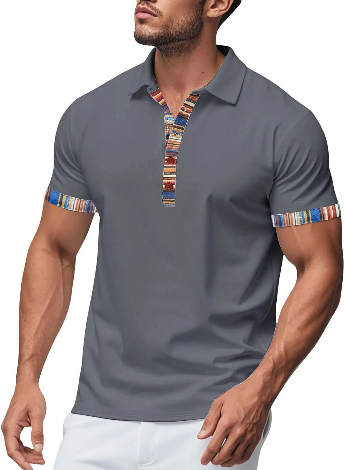 Lapel Collared Muscle Polo Shirts Men Slim Fit Textured Knit Polo Shirts Short Sleeve Button Down Shirts Casual