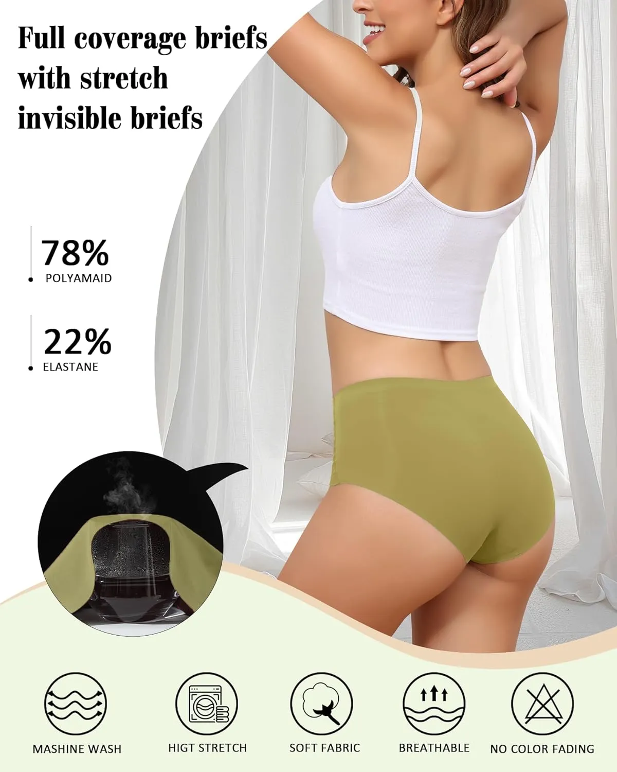LEVAO Women's High Waisted Seamless Underwear No Show Full Coverage Briefs Stretchy Invisible Panties Cheeky Pack of 6