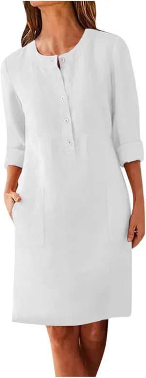 Linen Cotton Dress for Women 2025 Button Shirt Dress Long Sleeve Round Neck Dressy Casual Mini Dresses with Pockets