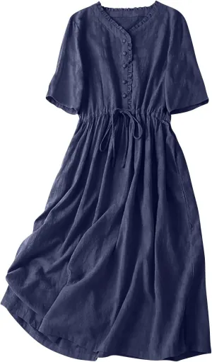 Linen Dresses for Women Beach Summer Long Maxi Dress Short Sleeve Button Down Tshirt Sundresses Boho Vacation Outfits