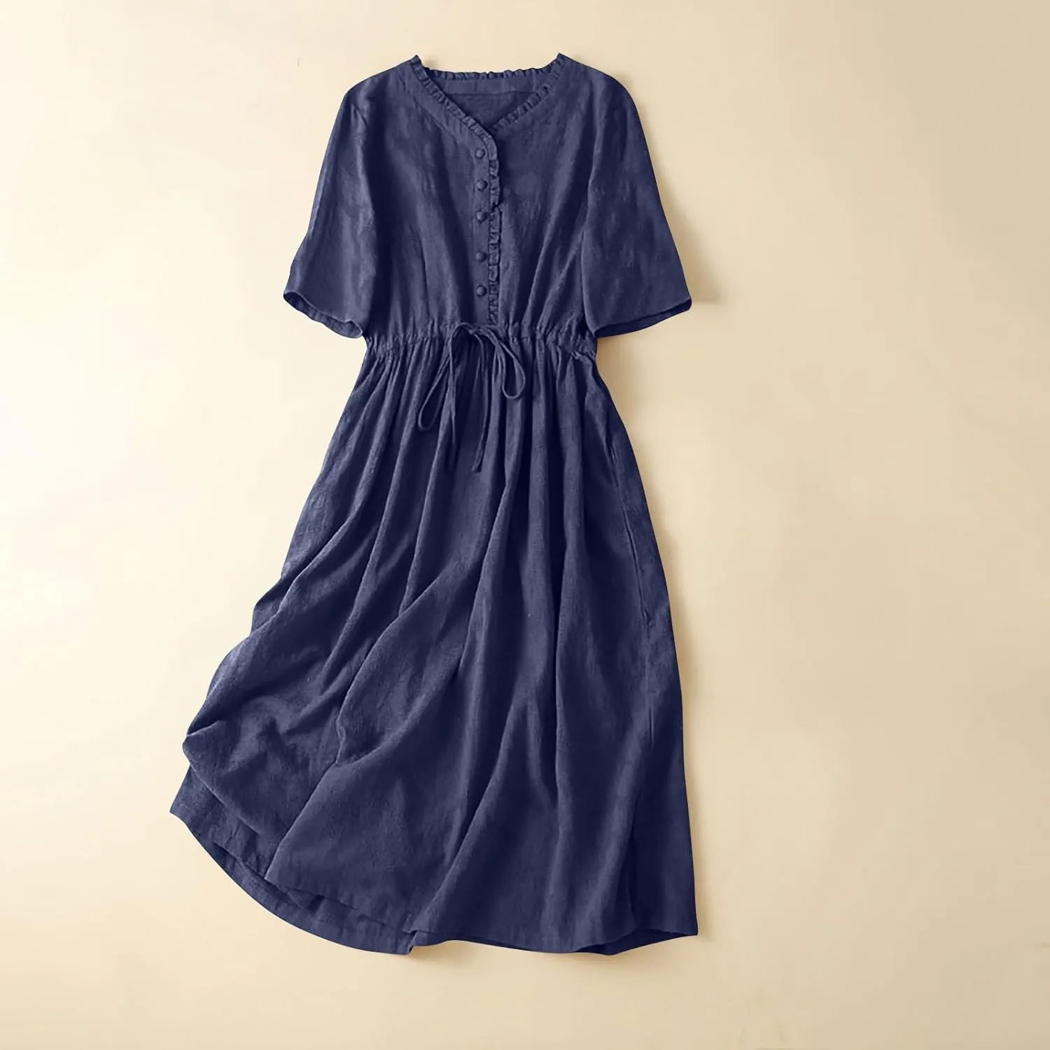 Linen Dresses for Women Beach Summer Long Maxi Dress Short Sleeve Button Down Tshirt Sundresses Boho Vacation Outfits