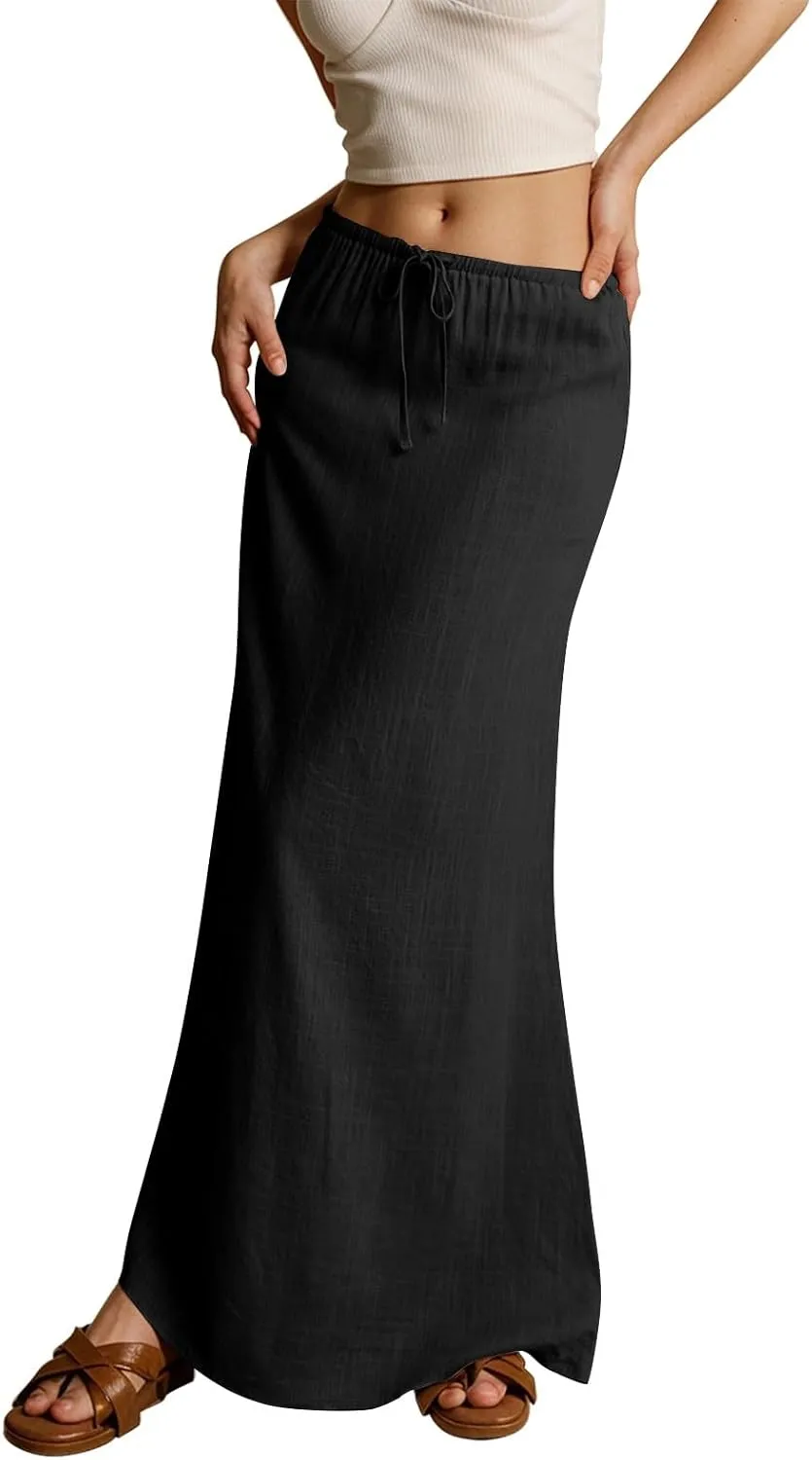 Linen Long Flowy Skirts for Women Trendy Summer Boho Flowy A Line Maxi Skirts Drawstring Low Waisted Beach Vacation Outfits