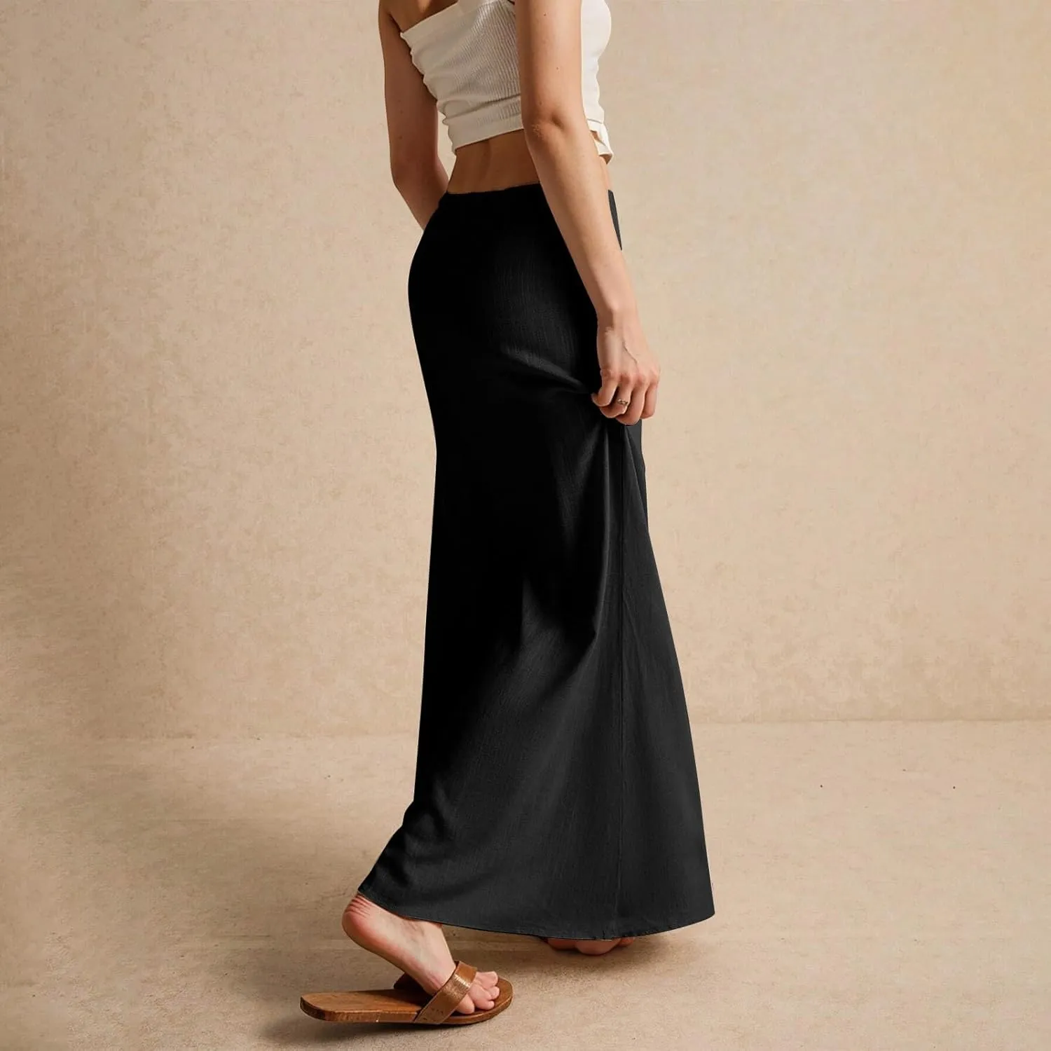 Linen Long Flowy Skirts for Women Trendy Summer Boho Flowy A Line Maxi Skirts Drawstring Low Waisted Beach Vacation Outfits