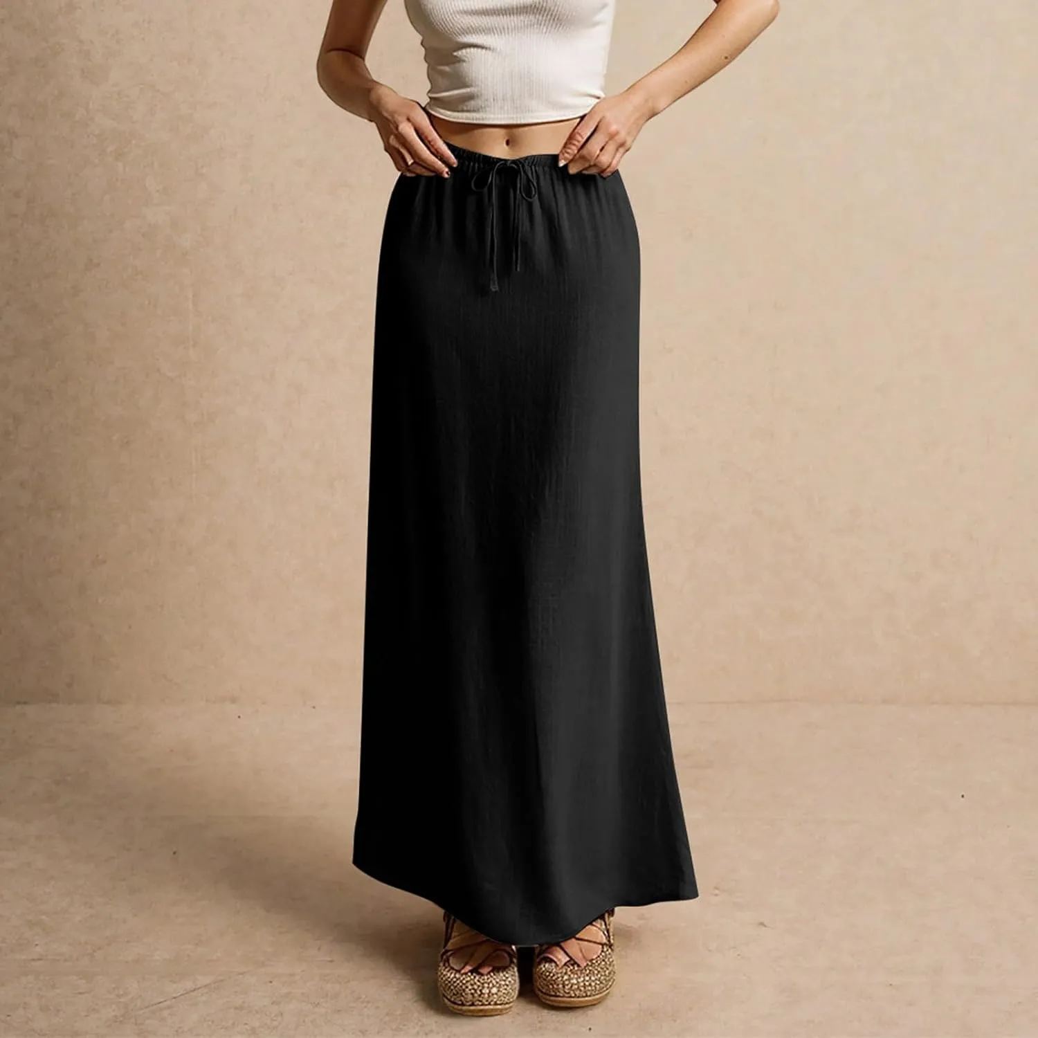 Linen Long Flowy Skirts for Women Trendy Summer Boho Flowy A Line Maxi Skirts Drawstring Low Waisted Beach Vacation Outfits