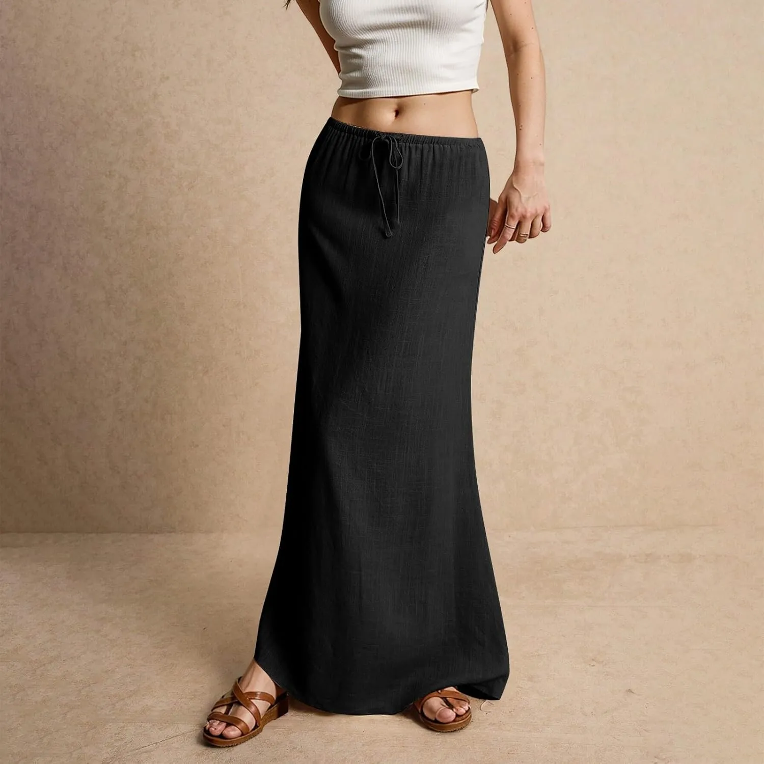 Linen Long Flowy Skirts for Women Trendy Summer Boho Flowy A Line Maxi Skirts Drawstring Low Waisted Beach Vacation Outfits