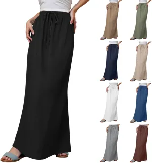 Linen Maxi Skirts for Women Trendy Summer Casual Boho Beach Vacation Flowy Long Skirts Drawstring Elastic Waist A Line Skirts