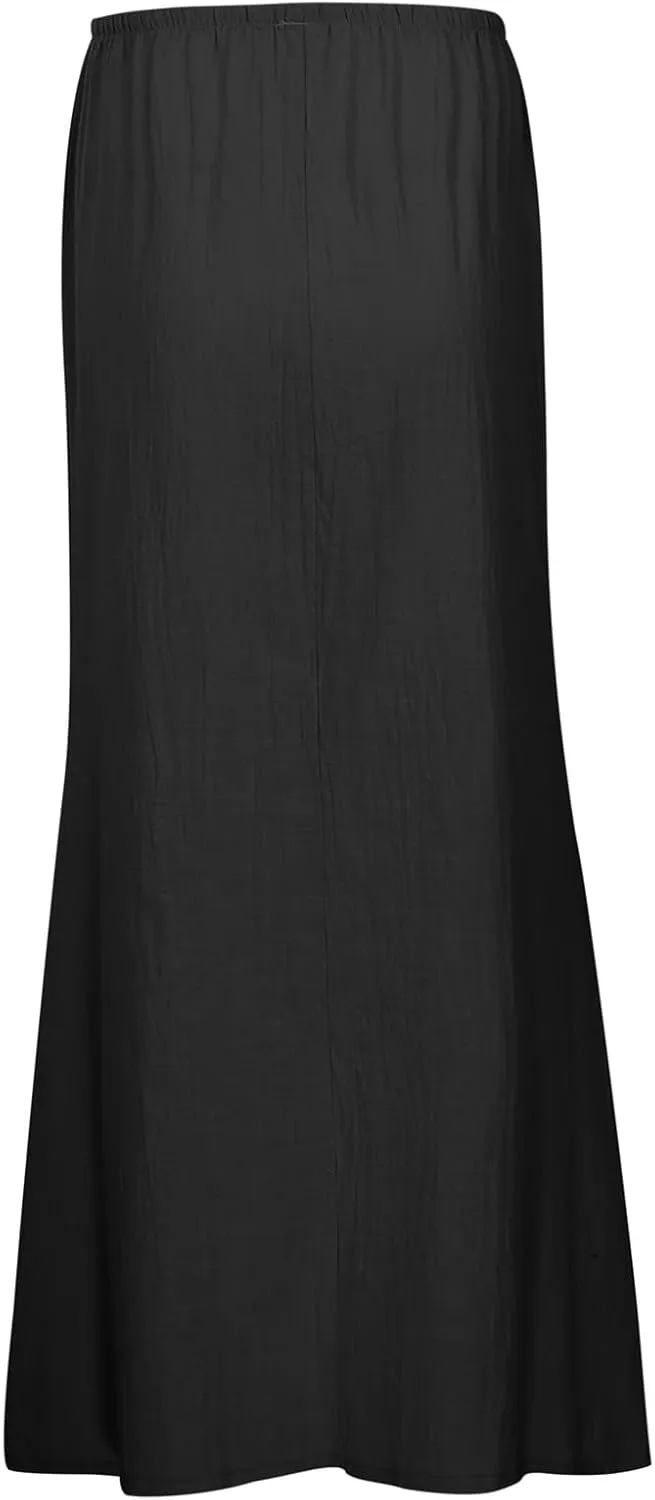 Linen Maxi Skirts for Women Trendy Summer Casual Boho Beach Vacation Flowy Long Skirts Drawstring Elastic Waist A Line Skirts