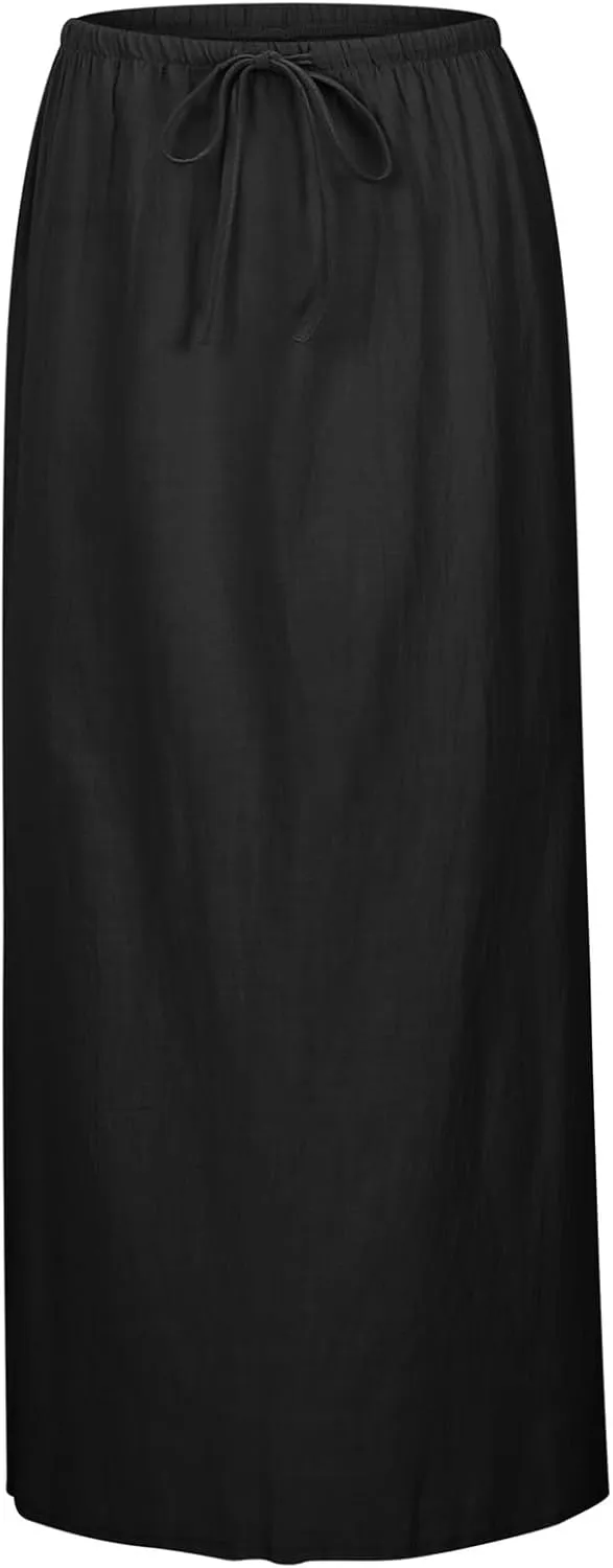 Linen Maxi Skirts for Women Trendy Summer Casual Boho Beach Vacation Flowy Long Skirts Drawstring Elastic Waist A Line Skirts