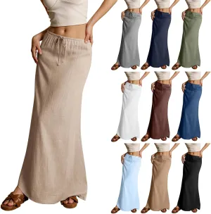 Linen Maxi Skirts for Women Trendy Summer Casual Drawstring Elastic Waist A Line Skirt Boho Beach Long Flowy Skirt