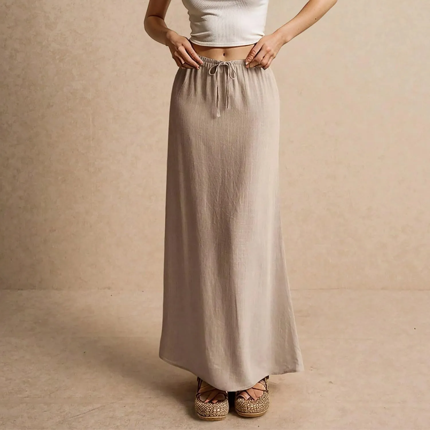 Linen Maxi Skirts for Women Trendy Summer Casual Drawstring Elastic Waist A Line Skirt Boho Beach Long Flowy Skirt