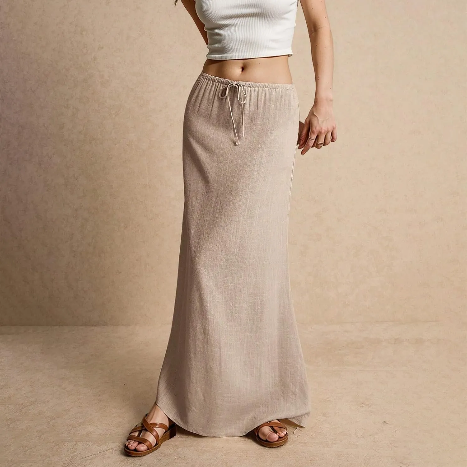 Linen Maxi Skirts for Women Trendy Summer Casual Drawstring Elastic Waist A Line Skirt Boho Beach Long Flowy Skirt