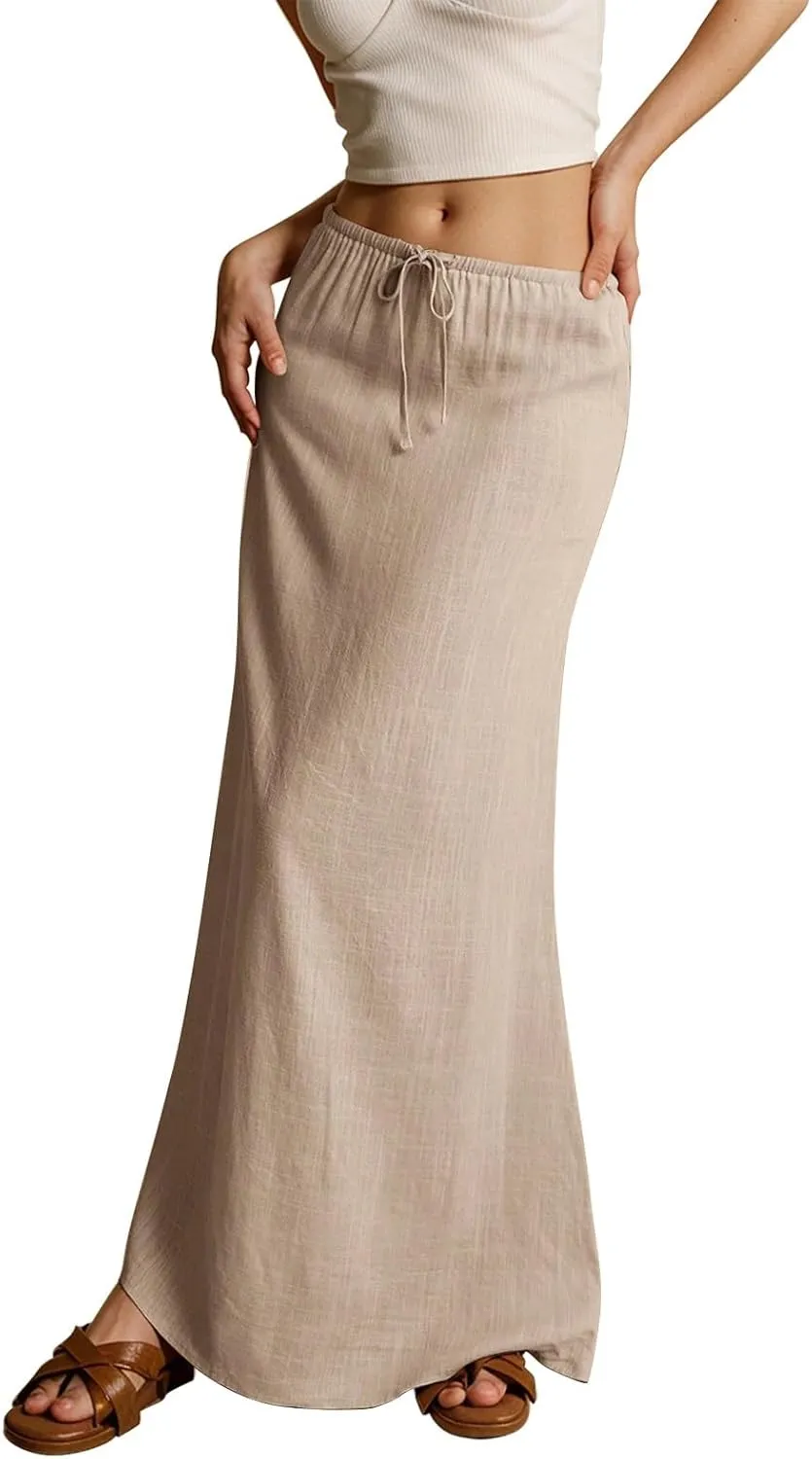 Linen Maxi Skirts for Women Trendy Summer Casual Drawstring Elastic Waist A Line Skirt Boho Beach Long Flowy Skirt