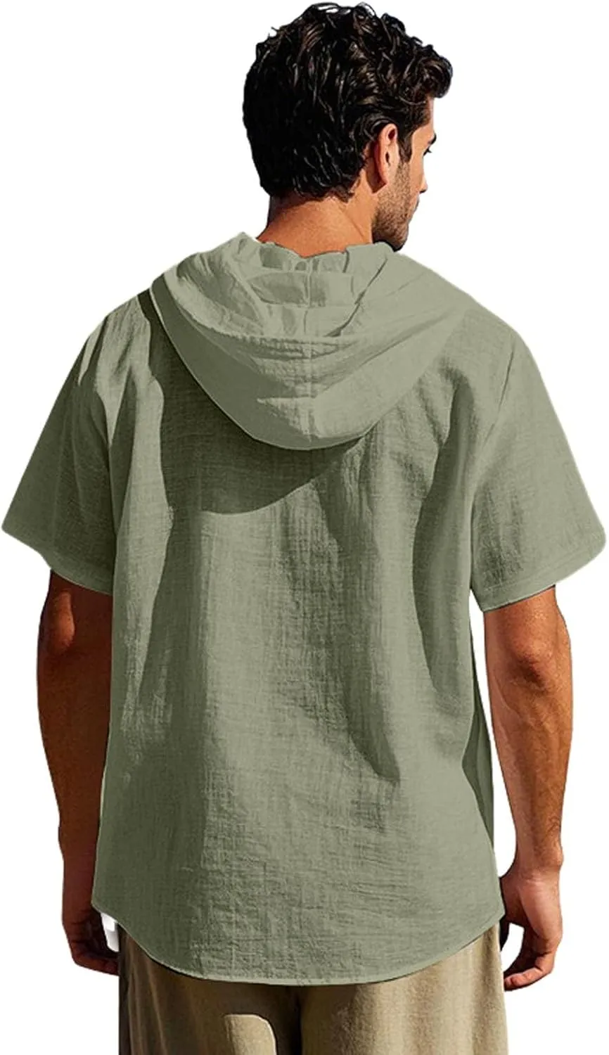 Linen Shirts for Mens Fashion Summer Cotton Linen Hooded Shirt Short Sleeve Casual Button Down Hipster Beach Blouses