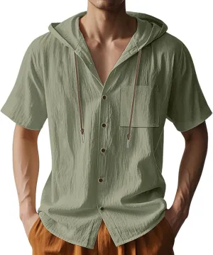 Linen Shirts for Mens Fashion Summer Cotton Linen Hooded Shirt Short Sleeve Casual Button Down Hipster Beach Blouses