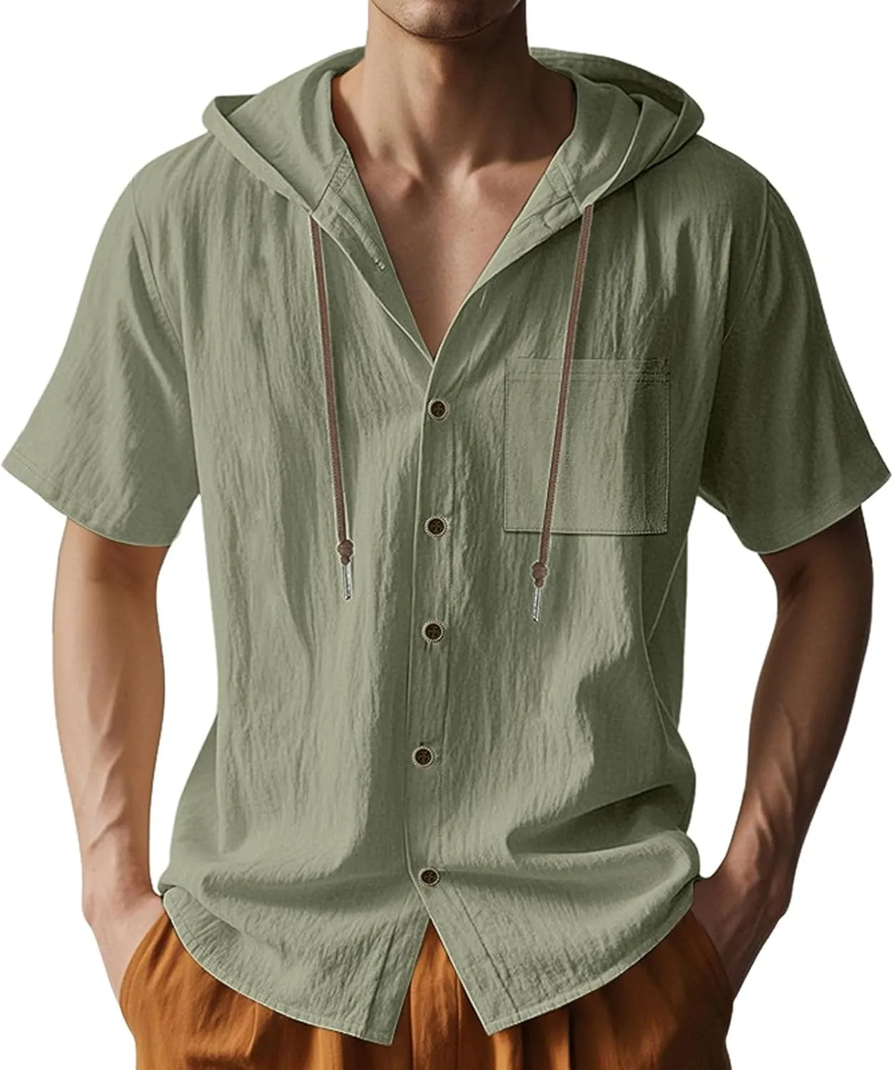 Linen Shirts for Mens Fashion Summer Cotton Linen Hooded Shirt Short Sleeve Casual Button Down Hipster Beach Blouses