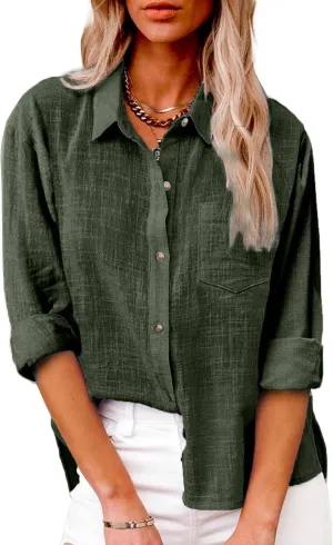 Linen Shirts for Women Button Down Plain T-Shirts Long Sleeve Collared Casual Blouses Dressy Work Tops with Pockets