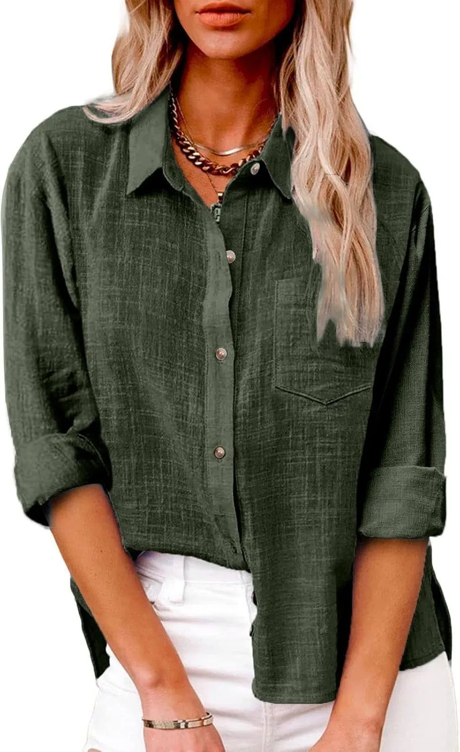 Linen Shirts for Women Button Down Plain T-Shirts Long Sleeve Collared Casual Blouses Dressy Work Tops with Pockets