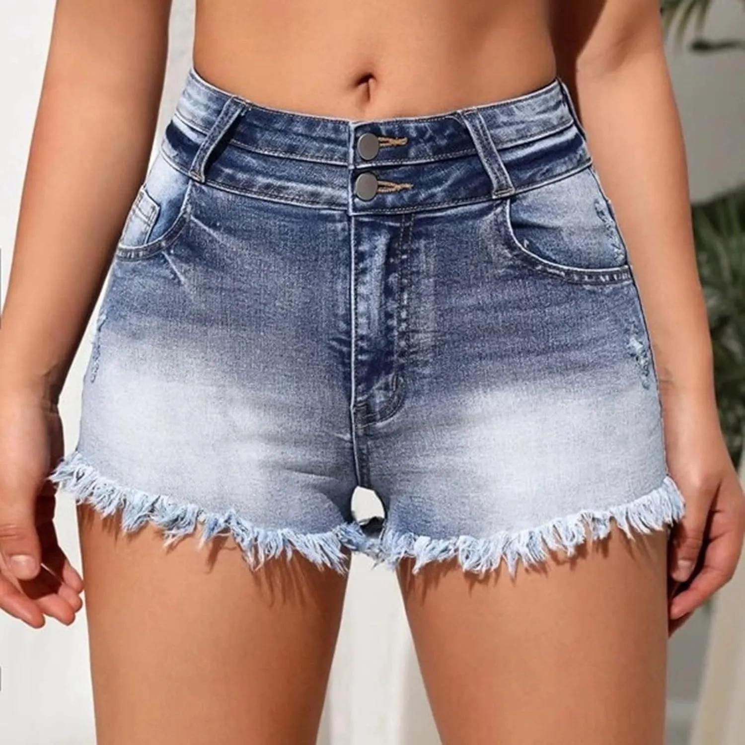 LIXIAO Women's Casual Mid Rise Denim Shorts Stretch Ripped Raw Hem Jean Shorts High Waisted Shorts