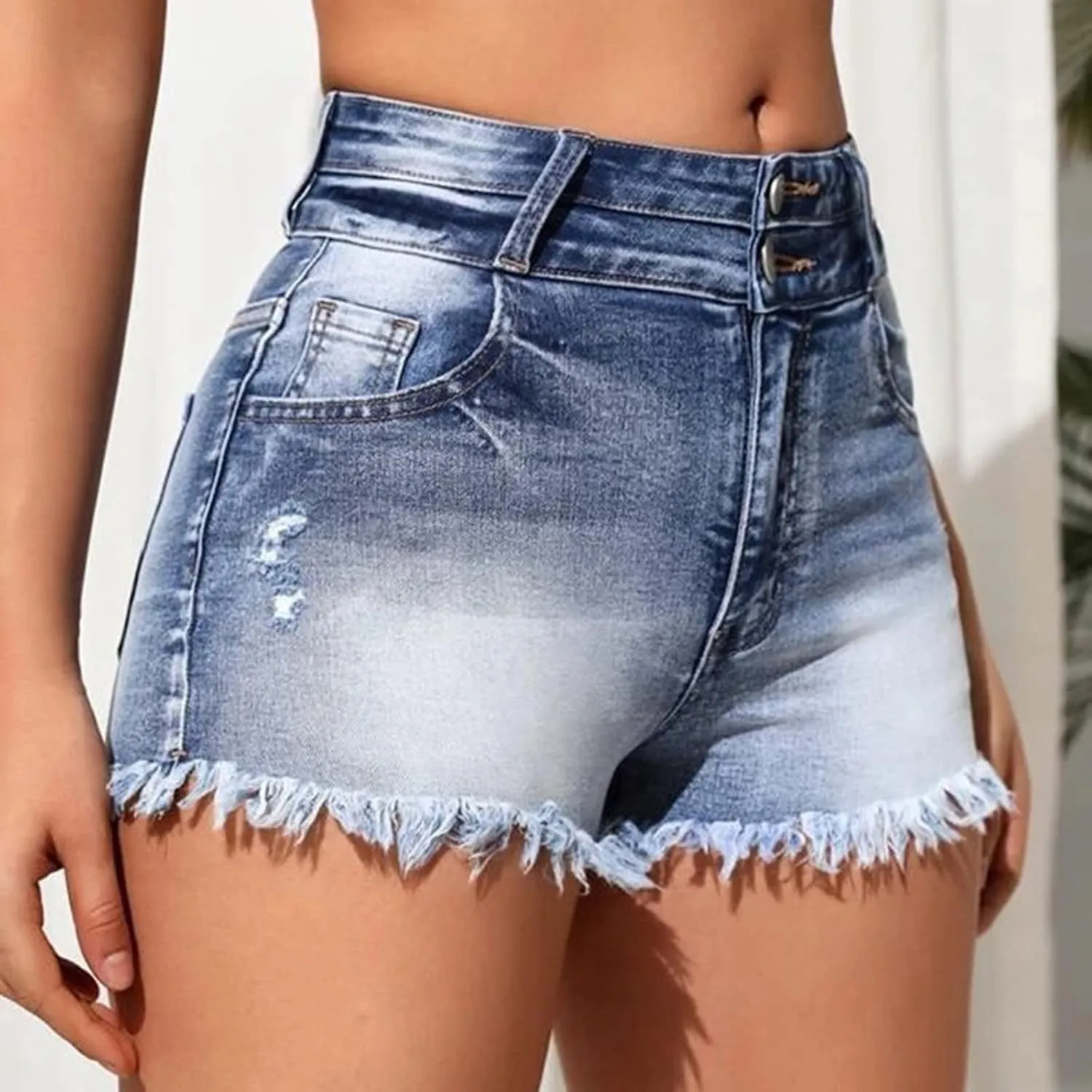 LIXIAO Women's Casual Mid Rise Denim Shorts Stretch Ripped Raw Hem Jean Shorts High Waisted Shorts