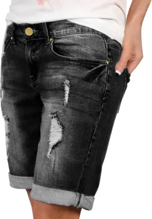 LIXIAO Women's Casual Mid Rise Denim Shorts Stretch Ripped Raw Hem Jean Shorts High Waisted Shorts