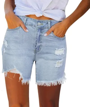 LIXIAO Women's Casual Mid Rise Denim Shorts Stretch Ripped Raw Hem Jean Shorts High Waisted Shorts