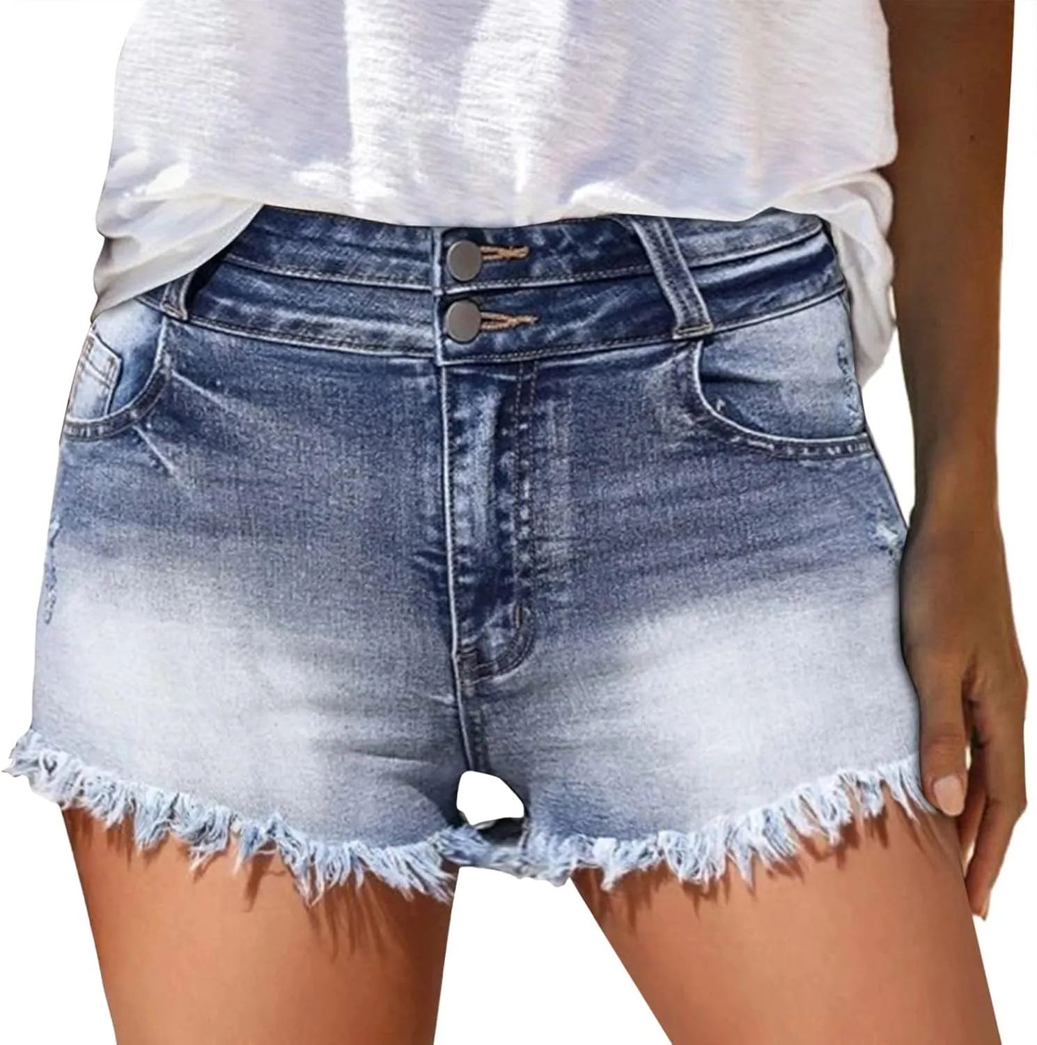 LIXIAO Women's Casual Mid Rise Denim Shorts Stretch Ripped Raw Hem Jean Shorts High Waisted Shorts