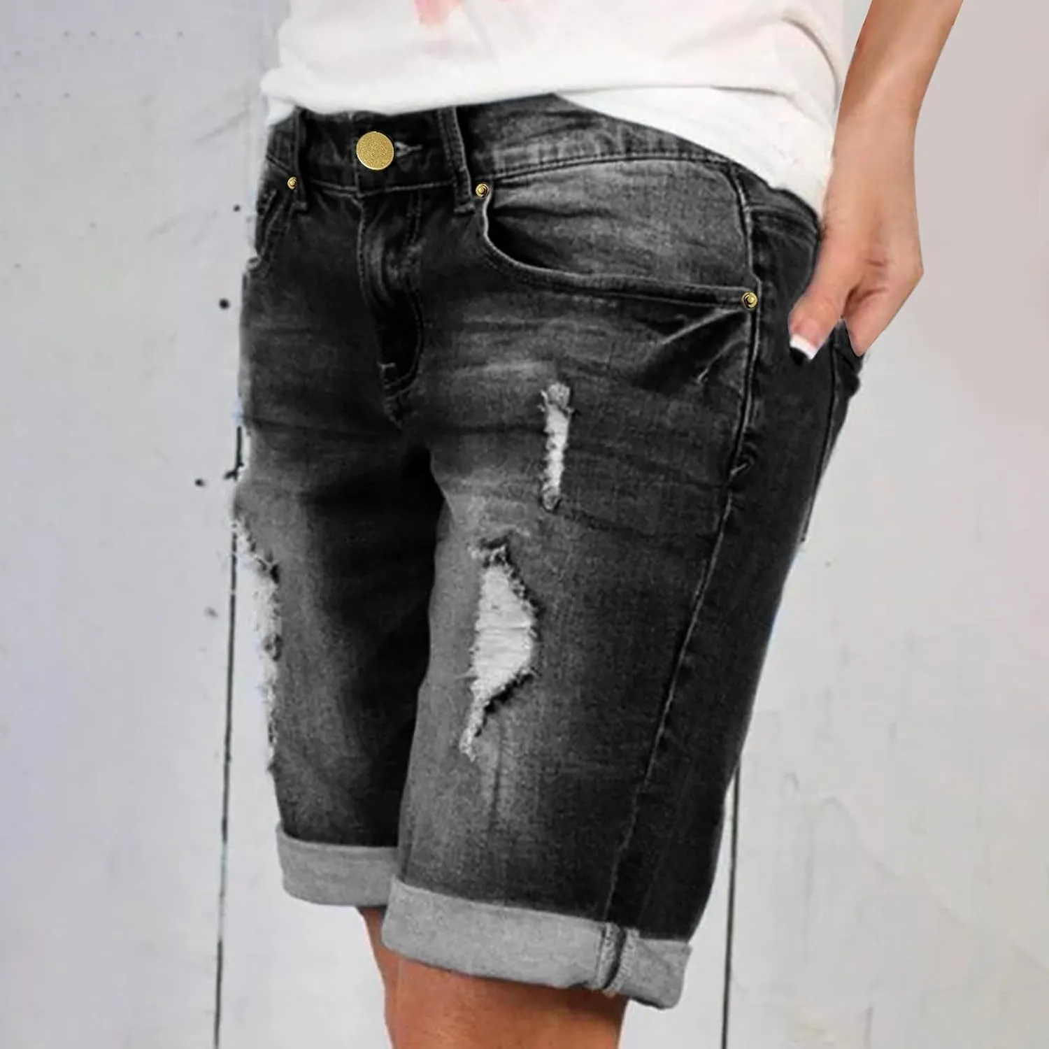 LIXIAO Women's Casual Mid Rise Denim Shorts Stretch Ripped Raw Hem Jean Shorts High Waisted Shorts