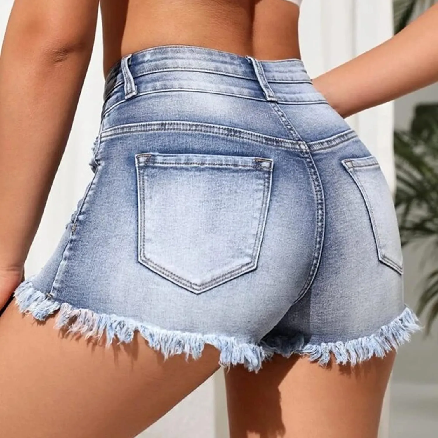 LIXIAO Women's Casual Mid Rise Denim Shorts Stretch Ripped Raw Hem Jean Shorts High Waisted Shorts
