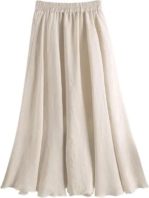 Long Flowy Skirts for Women Summer Trendy High Elastic Waist Solid Baggy Palazzo A Line Pleated Casual Fashion Skirts