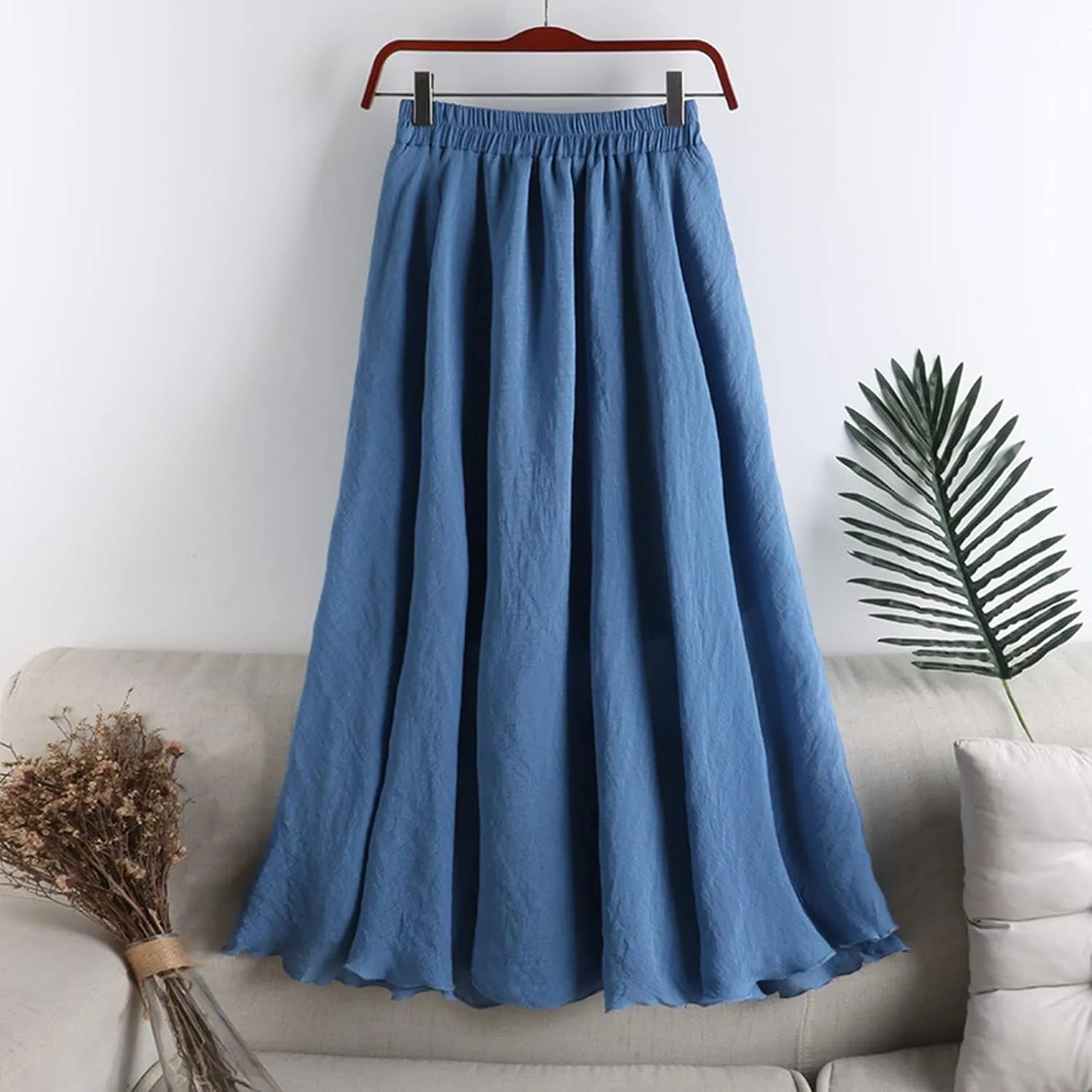 Long Flowy Skirts for Women Summer Trendy High Elastic Waist Solid Baggy Palazzo A Line Pleated Casual Fashion Skirts