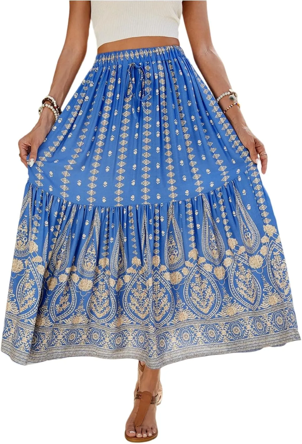 Long Skirt,Elastic Waist Flowy Maxi Skirts for Women 2025 Trendy Plus Size Boho Skirt Spring Summer Beach Vacation
