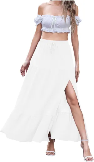 Long Skirts for Women Boho Vacation Split Tiered Puffle Swing A Line Chiffon Skirts Over-Knee Skirt