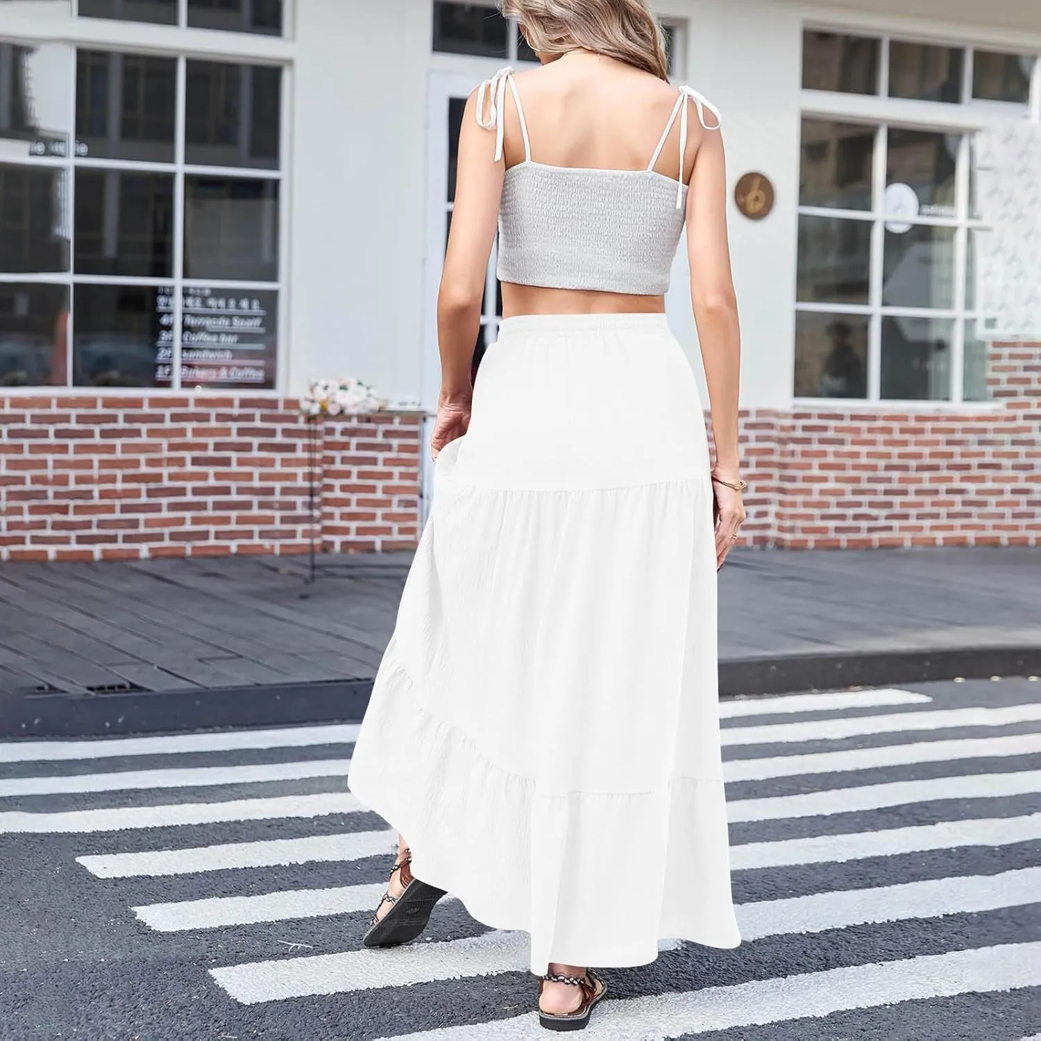 Long Skirts for Women Boho Vacation Split Tiered Puffle Swing A Line Chiffon Skirts Over-Knee Skirt