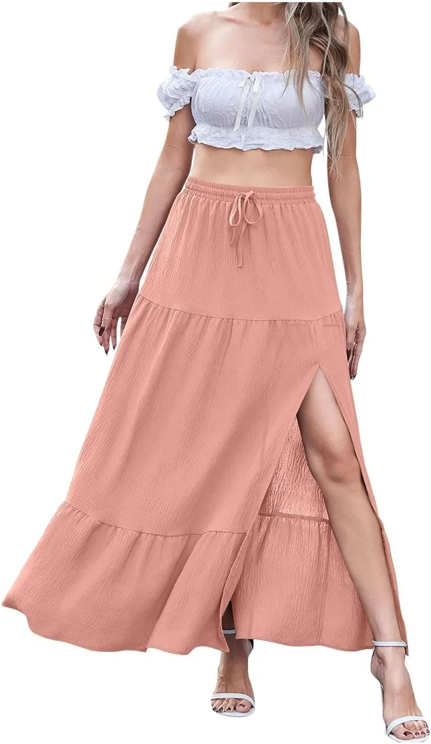 Long Skirts for Women Boho Vacation Split Tiered Puffle Swing A Line Chiffon Skirts Over-Knee Skirt