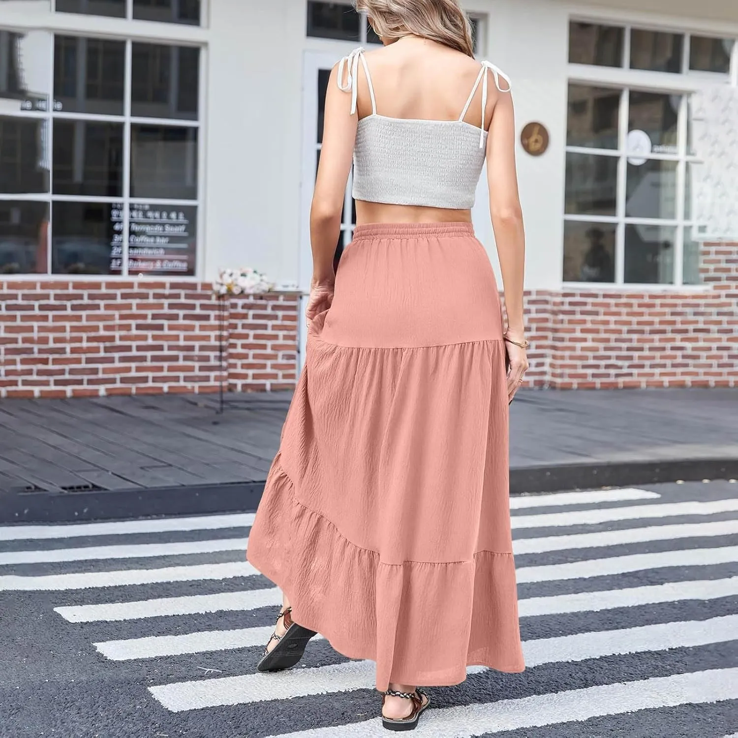 Long Skirts for Women Boho Vacation Split Tiered Puffle Swing A Line Chiffon Skirts Over-Knee Skirt