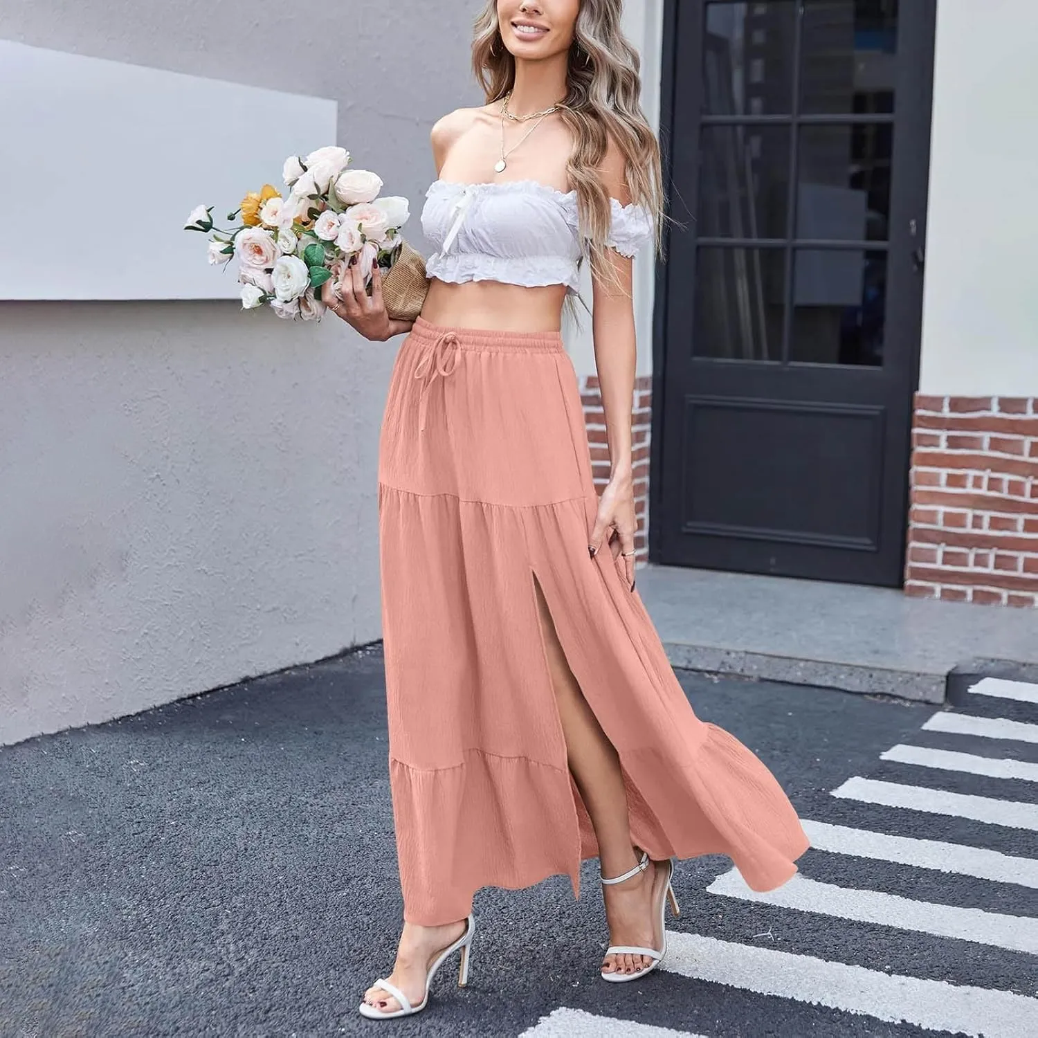 Long Skirts for Women Boho Vacation Split Tiered Puffle Swing A Line Chiffon Skirts Over-Knee Skirt