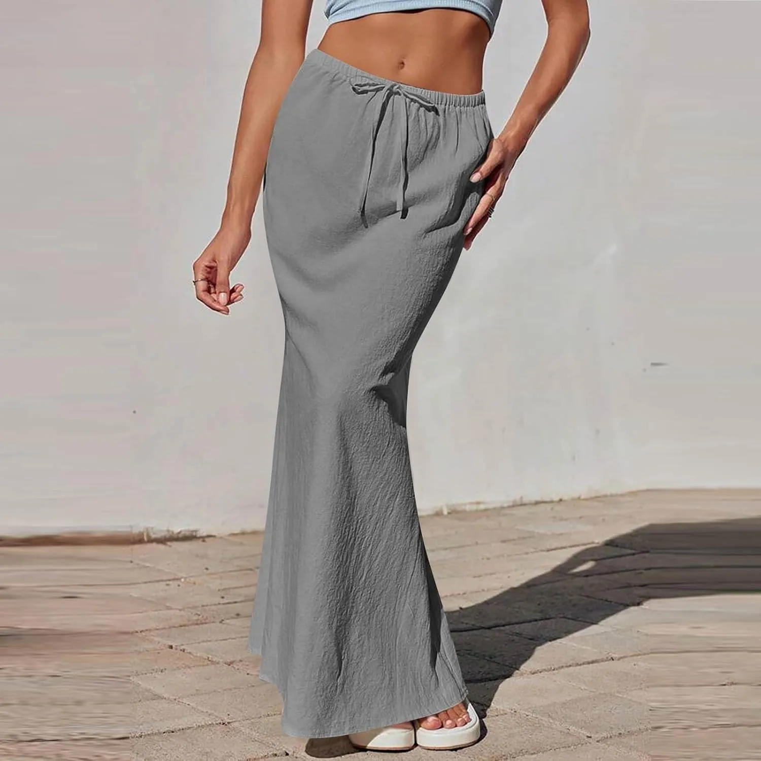 Long Skirts for Women Summer Linen Maxi Skirt Back Slit High Waisted A-Line Skirts Beach Drawstring Flowy Skirts