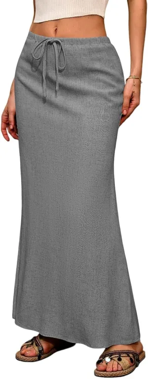 Long Skirts for Women Summer Linen Maxi Skirt Back Slit High Waisted A-Line Skirts Beach Drawstring Flowy Skirts