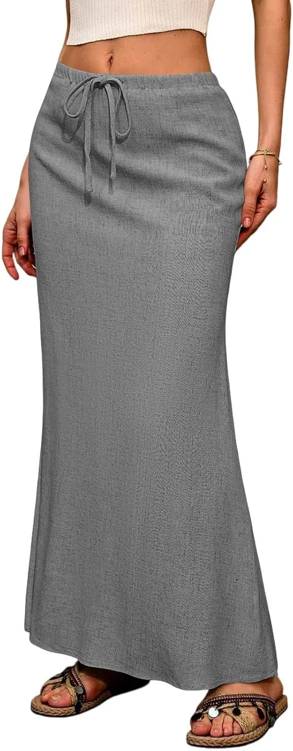 Long Skirts for Women Summer Linen Maxi Skirt Back Slit High Waisted A-Line Skirts Beach Drawstring Flowy Skirts