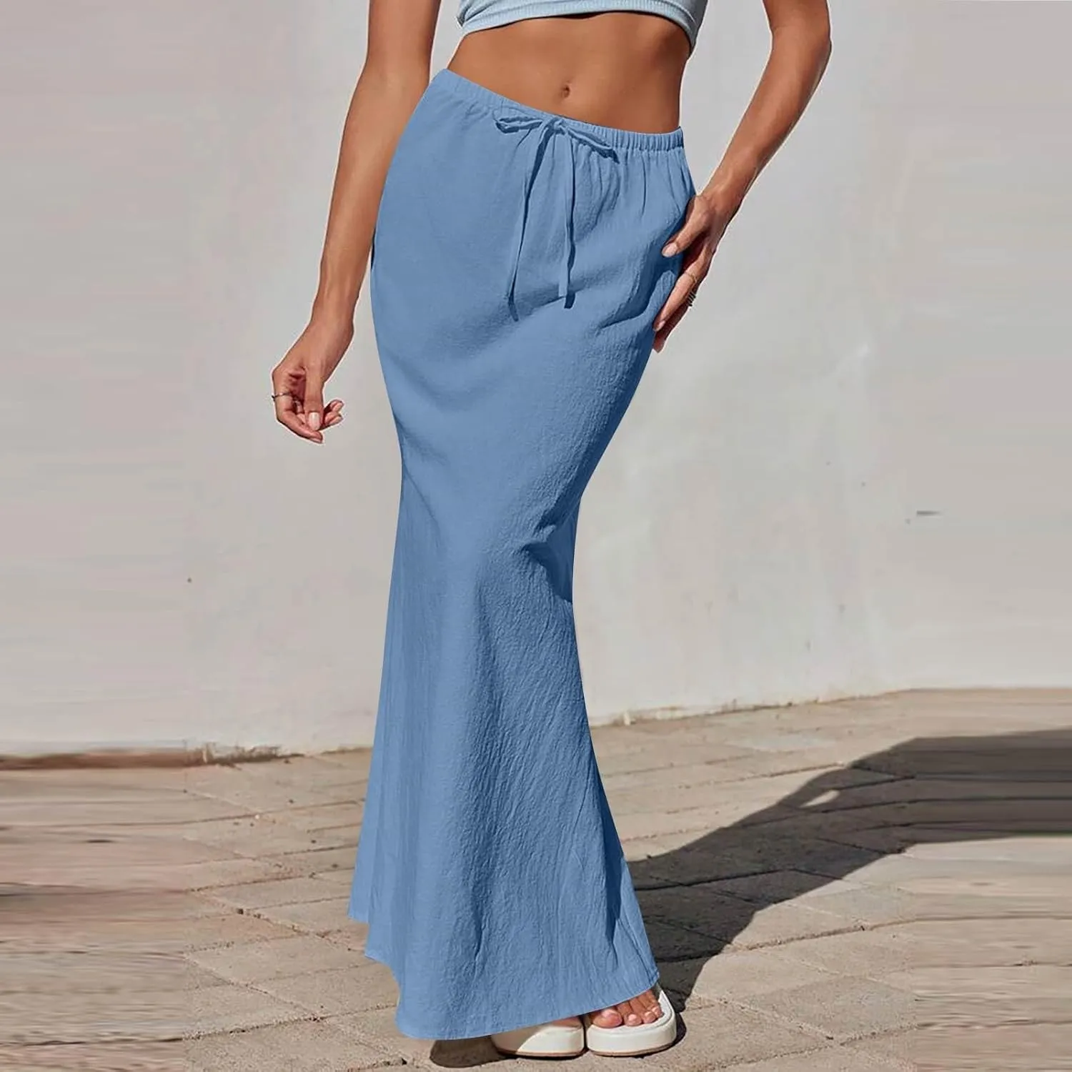Long Skirts for Women Summer Linen Maxi Skirt Back Slit High Waisted A-Line Skirts Beach Drawstring Flowy Skirts